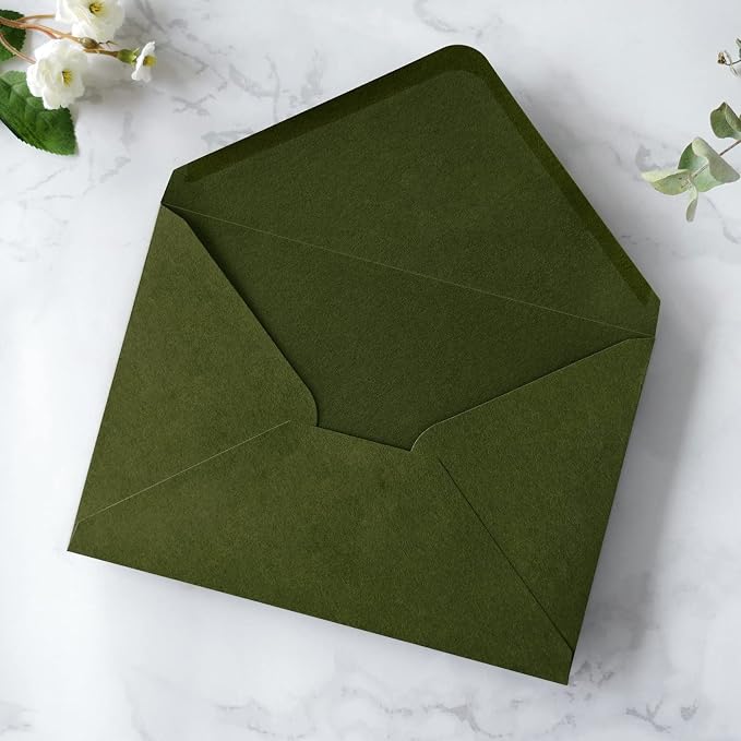 PONATIA 50 PCS/Pack A7 Envelopes, 5.25 x 7.25'' Olive Green 5x7 Envelopes for Weddings Invitation Cards, Christmas Gift Cards, Acrylic Invitations, Photos and Any 5x7" Inserts