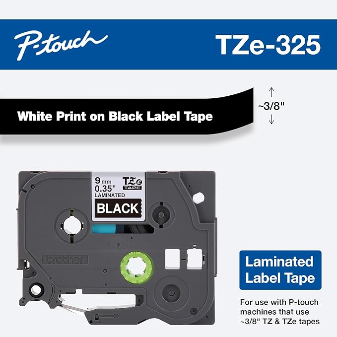 Brother Genuine P-Touch TZE-325, 3/8" (0.35") Wide Standard Laminated Tape, White Print on Black Tape, Laminated for Indoor or Outdoor Use, Water-Resistant, 0.35" x 26.2', Single-Pack, TZE325