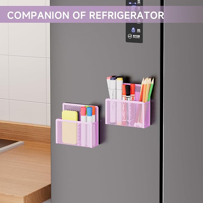 Marbrasse Magnetic Dry Erase Marker Holder, Mesh Pen Holder for Whiteboard，Magnet Pencil Organizer Storage for Refrigerator Locker Accessories Organizer for Home, School and Office (Purple 4p)