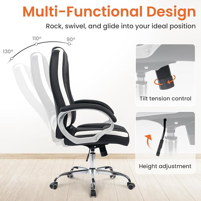 NEO CHAIR Office Desk Chair PU Leather Chair with Lumbar Support, Black | Ergonomic High Back Executive Computer Chair, Comfortable Padded Fixed Armrests Swivel Chair with Wheels for Office/Home