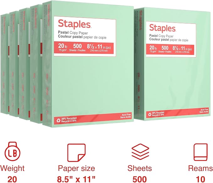 Staples Pastel 30% Recycled 8.5" x 11" Color Copy Paper, 20 Lbs., Green, 5000 Sheets/Carton