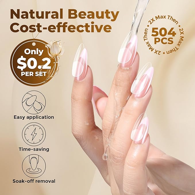 UNA GELLA Almond Gel Nail Tips, 504PCS Pre Etched Clear Fake Nails Tips Medium Almond Shape - 12 Sizes Full Cover Soft Acrylic Press On Nail Extensions No C Curve Gift for Diy at Home