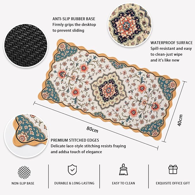 French Country Scalloped Desk Mat Vintage Coral Teal Floral Scroll Mousepad XL Large Gaming Mouse Pad Laptop Keyboard Mat Desk Pad Office Home Decor for Women Girl 31.5"x15.7"