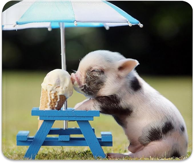 Funny Pig Pet Mouse Pad, Cute Piglet Enjoying Ice Cream Desk Mat | Mousepad Stitched, Anti-Slip Base Smooth Surface, 9.5 x 7.9 Inches