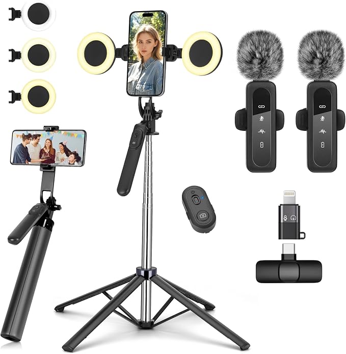 Vlogging Kit for iPhone/Android, Metal Selfie Stick Tripod for iPhone with Light and Microphone,70 inch Tall Adjustable Phone Tripod for TikTok/YouTube Starter Content Creator Essentials Kit
