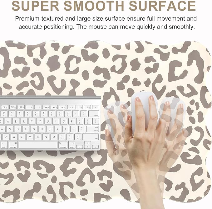 L-SPOUTTO Beige Leopard Mouse Pad,Scalloped Desk Mat XXL Gaming Mousepad | Cheetah Large 35.4x15.7in Non-Slip Rubber Base Keyboard Pad Waterproof Desktop Mat for Laptop Computer Game Home Office