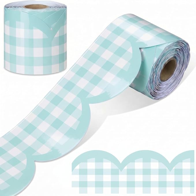Zonon 65ft Light Green Gingham Bulletin Board Border Pastel Scalloped Bulletin Board Trim Back to School Classrooms Decoration for Party Whiteboard, Walls, Desks, Windows, Doors, Lockers