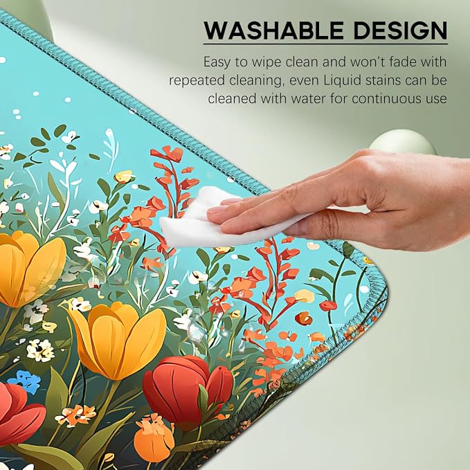 Cute Bow Dog Smiles Floral Mouse Pad, Lager Desk mat 31.5x11.8 Inch | Large Gaming Desk Mat, Flowers with Non-Slip Base, Micro-Woven Fabric, Stitched Edges, For Office Computer