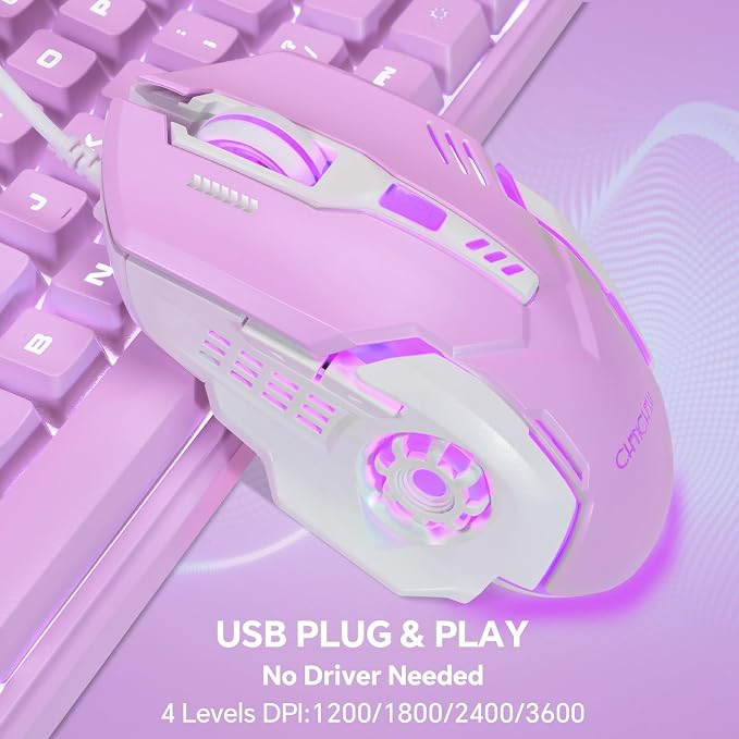 CHONCHOW LED Keyboard and Mouse Combo,Wired 87 Key | Mechanical Feel Anti-ghosting Backlight Keyboard with Multimedia Keys for Windows, Mac Desktop/Laptop/PC (Purple)