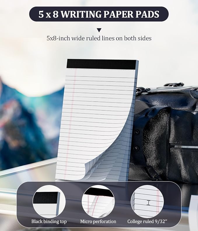 Legal Pads 5x8 Small Note Pads 5x8 Notepads 6 Pack White Writing Pads 5x8 | College Ruled Lined Paper Pads 5x8, Micro Perforated Decent 80 GSM 5x8 in Legal Note Pad Narrow Ruled, 30 Sheet per Notepad