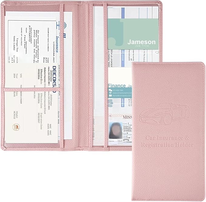 JUSTTOP 2Pack Car Registration and Insurance Holder,Car Document Holder for Cards License with Magnetic Shut,Vehicle Glove Box Car Organizer for Documents, Cards, License(Embossed leather Pink)