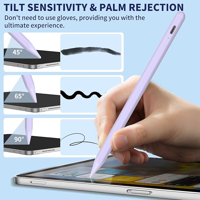 iPad Pencil for 9th & 10th Generation, Fast Charge Stylus Pen for Palm Rejection and Tilt Sensitivity, Compatible with iPad Pro 11/12.9in, Mini 5/6, iPad 6/7/8/9/10, Air 3/4/5 (Purple)