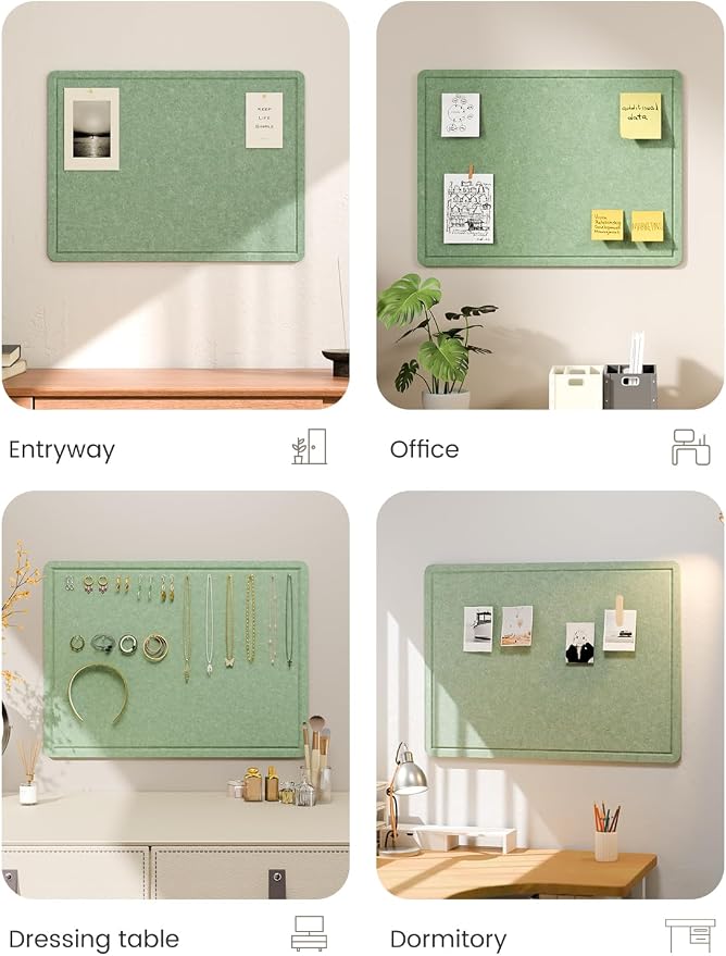 Fluxynara 23.6" x 17.1" Bulletin Board, Moss Green | Cork Board Alternative with 12 Removable Adhesive Tabs, Foldable Felt Pin Board for Home, Office, Classroom & Dorm