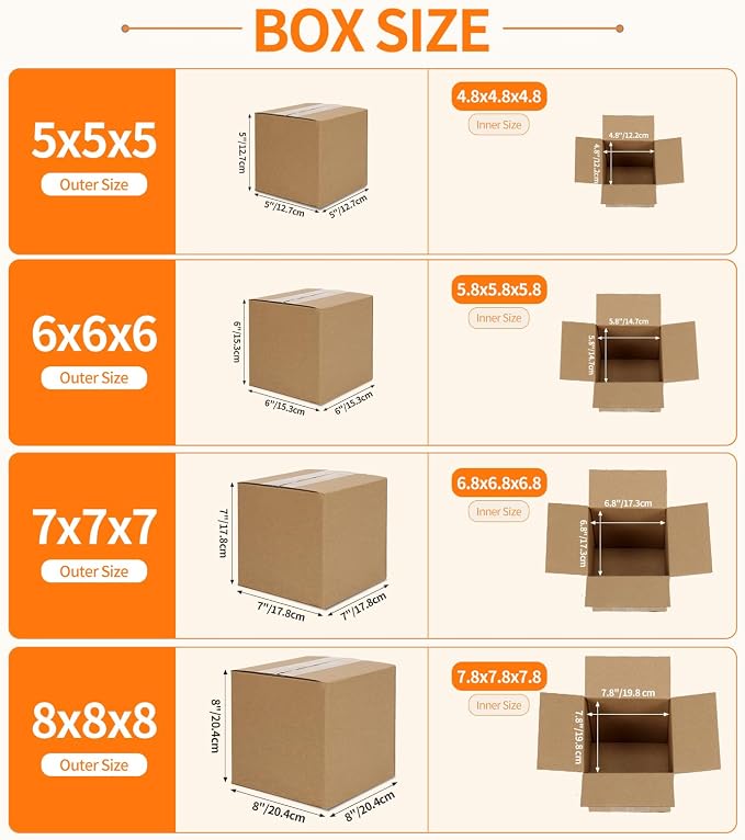 Hoikwo 20 Packs Shipping Boxes Mixed Sizes | 5 PCS Each of 5x5x5, 6x6x6, 7x7x7, 8x8x8 Brown Cardboard Box for Small Business Packaging and Mailing