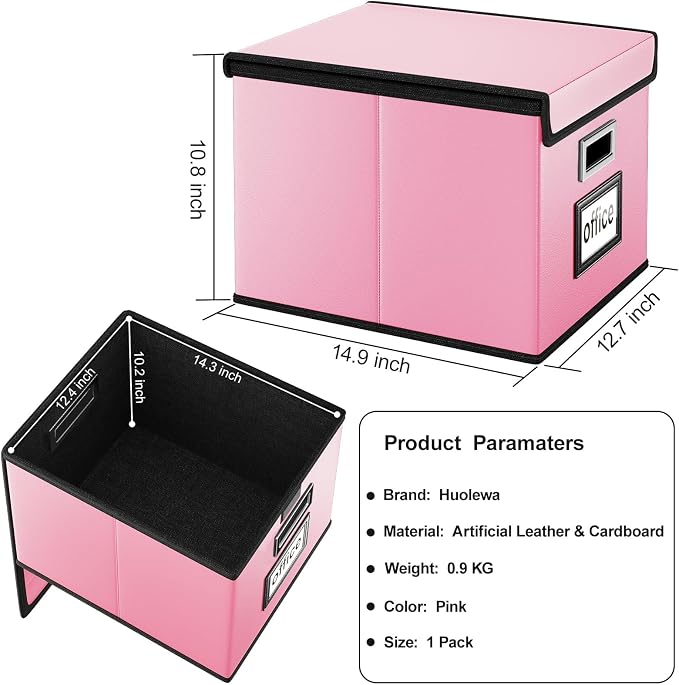 File Organizer Box with Lids, Collapsible File Folder Organizer | File Box with Plastic Slides for Document, Filing Bin for Letter Size Hanging File Folders (4 Pack, Pink, Leather)