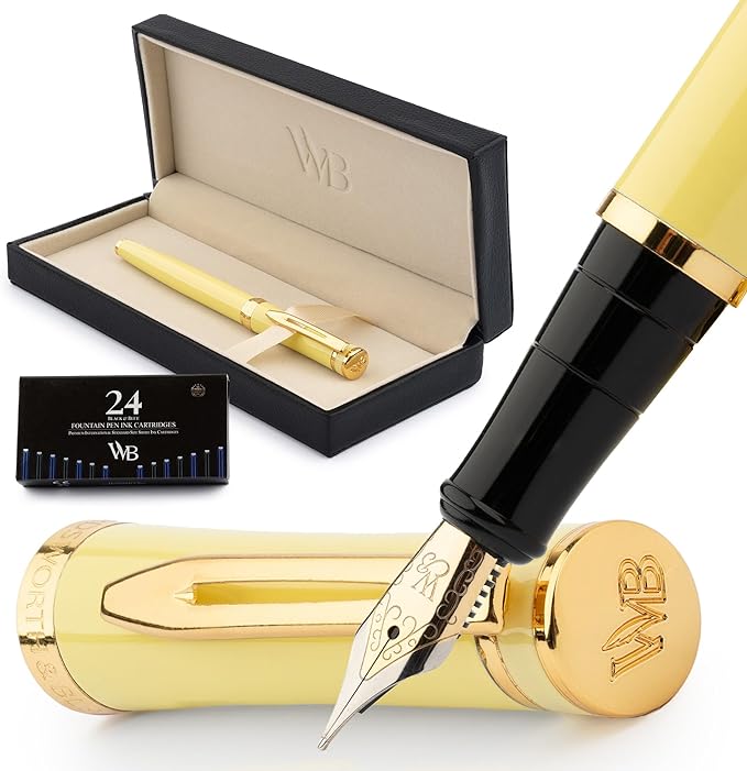 Wordsworth & Black Luxury Fountain Pen Set for Writing, Medium Nib, Yellow | Gift for Men & Women, Brass Body, 18K German Iridium, Calligraphy, Converter + 24 Ink Cartridges, Refillable, Leak-Free