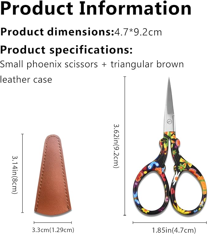 Sharp Embroidery and Crafting Scissors with Leather Cover, 3.62 inch Stainless Steel Stork Shaped Scissors for Needlework and DIY Crafts, Black Flower, J5064