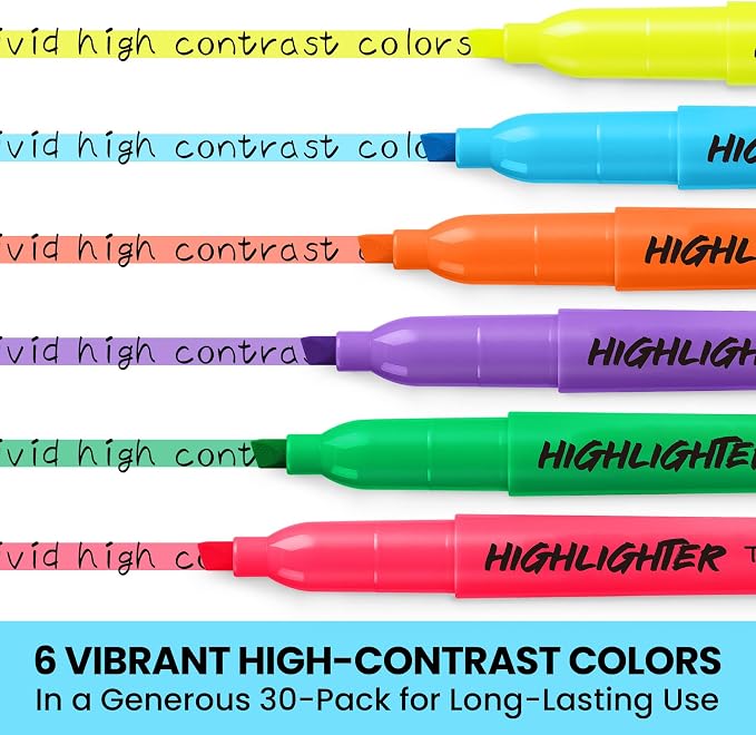 Taja 30 Pack Highlighters, Assorted 6 Colors, Chisel Tip with No Bleed Ink | Highlighters with Smooth Broad & Precise Lines, Ideal for Journaling & Note Taking, Study Essentials and Office Supplies