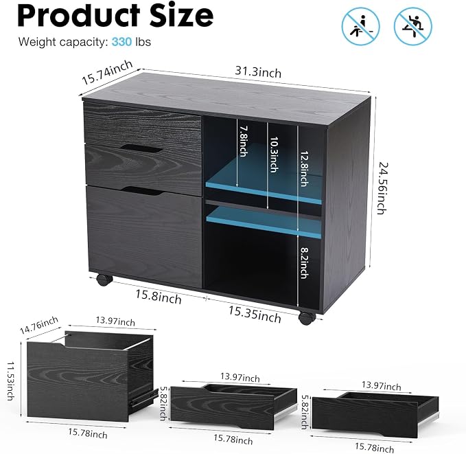 OLIXIS 3 Drawer Lateral File Cabinet, Rolling Printer Stand with Storage | Mobile Filing Cabinet Fits Under Desks, Holds A4/letter Files with Hanging Frame and Lockable Wheels, Black