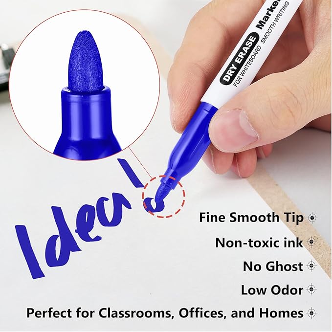 SFAIH Blue Dry Erase Markers Fine Tip - 12 Pack Whiteboard Markers Standard Set For Brainstorming & Visual Planning, Teams, Teacher & Creative Sessions | Low-Odor Non-Toxic Easy Clean