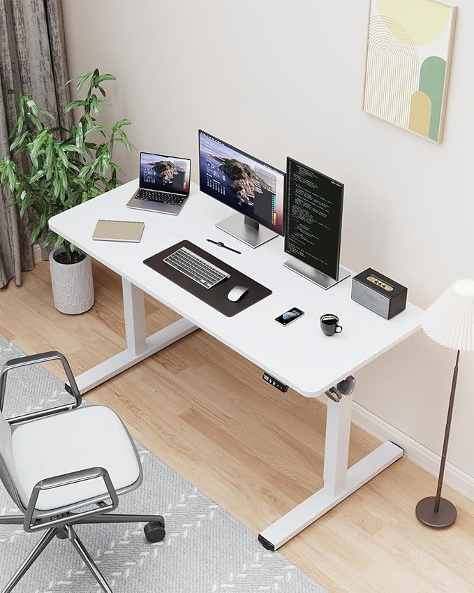Electric Standing Desk, Large Height Adjustable Stand up Desk, 48 x 24 Inches Sit Stand Home Office Desk, with Splice Board, White Frame/White Top