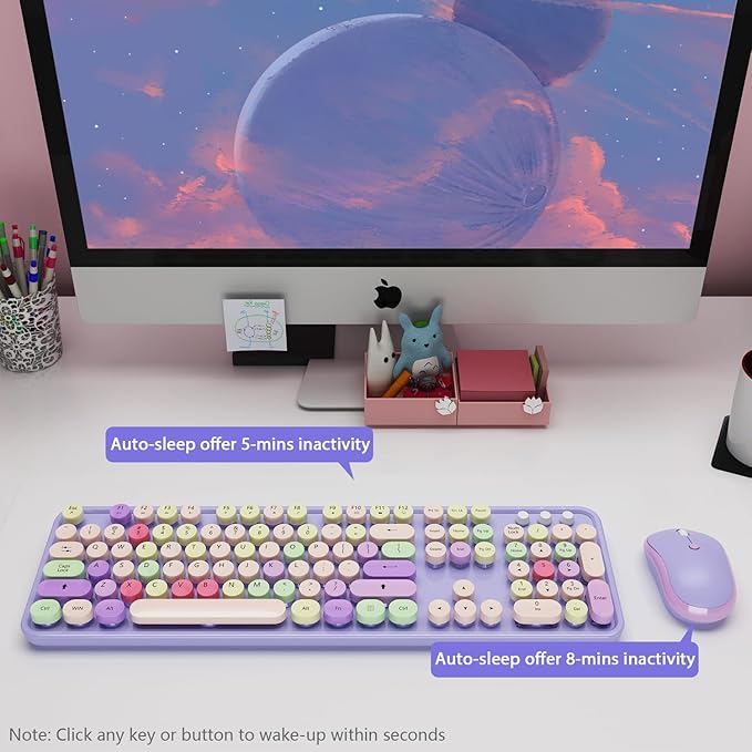 Wireless Computer Keyboard and Mouse Combo,Colorful Purple | Ergonomic Full Size Typewriter Retro Round Keycaps Keyboard, Compatible with Windows, PC, Perfer for Home and Office