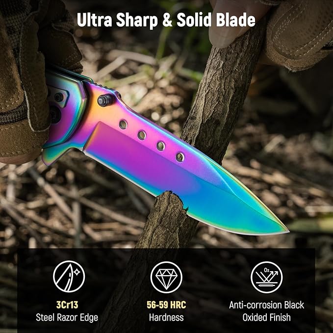Pocket Knife for Men - Sharp Blade Wood Handle Pocket Folding Knives with Clip, Glass Breaker - EDC Knives for Survival Camping Fishing Hiking Women, Large, Rainbow