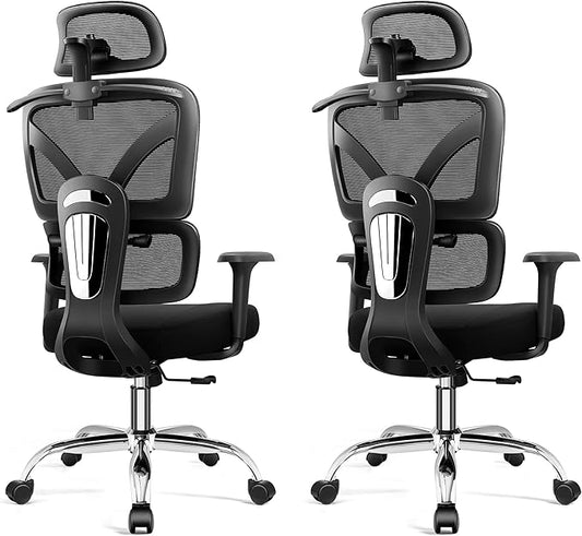 Ergonomic Office Chair, High Back Mesh Desk Chairs Comfy with Adjustable Lumbar Support, Home Computer Gaming Chair with 3D Headrest for Long Hours, 2 Pack