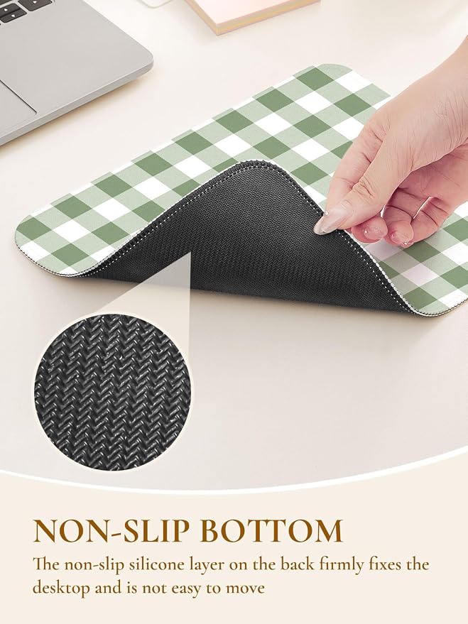 Square Cute Checkered Mouse Pad with Stitched Edge, Premium Waterproof Cloth Aesthetic Small Plaid Mouse Mat, Non-Slip Rubber Base Funny Mousepad Desk Accessories,Green White