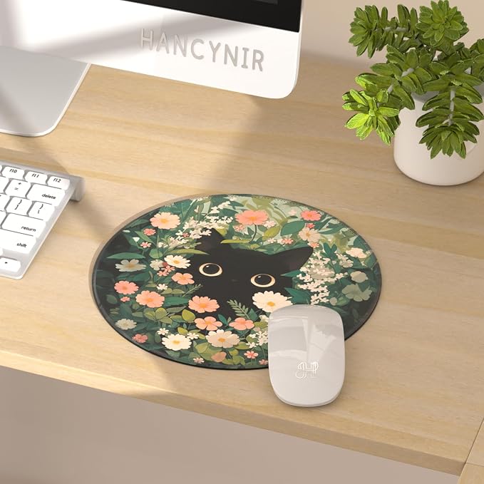 Hancynir Black Cat Round Mouse Pad, Small Mousepad for Laptop Desk Office | Mouse Mat for Computer, Non-Slip Rubber Base, Office Desk Decor, Gifts for Work Coworker Teacher, 8.6 Inch, Stitched Edges
