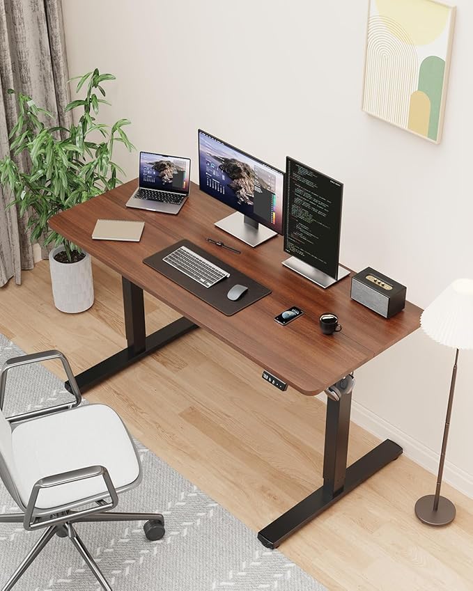 Standing Desk, Small Height Adjustable Electric Stand up Desk, 40" x 24" Sit Stand Computer Home Office Desk with Splice Board, Black Frame/Walnut Top