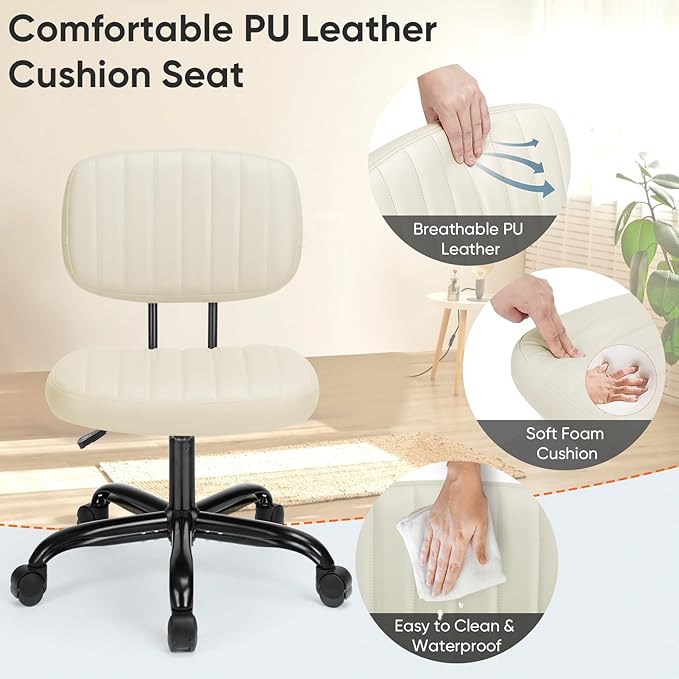 DUMOS Armless Office Chair, Small Home Desk Chair, Lumbar Support | PU Leather Low Back, Height Adjustable 360 Swivel Wheels, Computer Task, Beige