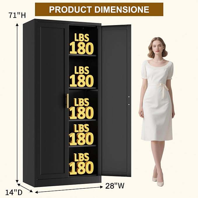 BESFUR 71" Tall Black Kitchen Pantry Cabinet, Metal Food Storage Cabinet with 4 Adjustable Shelves, Freestanding Cupboard with Doors for Kitchen, Dining Room, Living Room, Bathroom, Laundry Room