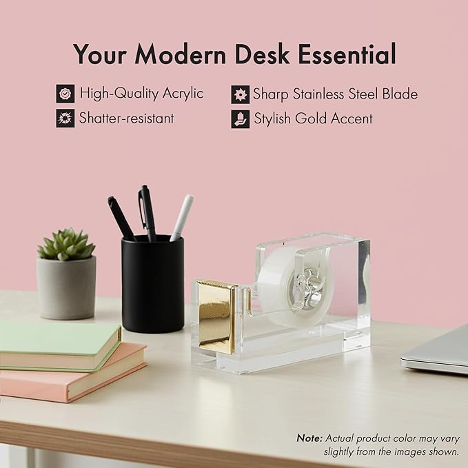 OfficeGoods Acrylic Tape Dispenser, Aesthetic and Compact Design, Gold | Modern desk accessory for office, Heavy duty refillable tape holder for crafting, Stylish desktop accessory for gift wrapping