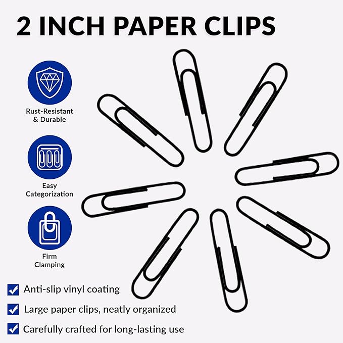 Jumbo Paper Clips, 2 Inch Paper Clip, 100 pcs Large Paperclips (Jumbo, Black)