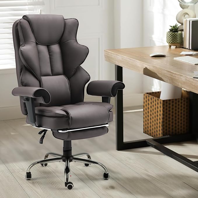 6-Point Massage Executive Chair,Heat Office Chair,Ergonomic Home Office Desk Chairs with Retractable Footrest and Reclining Function,Leather Computer Chair with Adjustable Armrest(‌Brown)