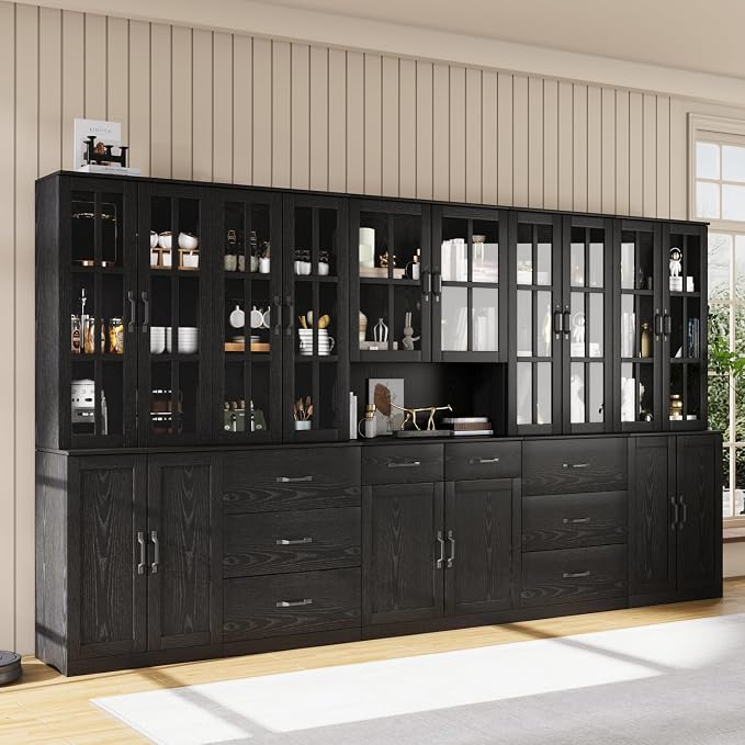 VOWNER Bookcase with Glass Door, 5-Tier Modern Bookshelf with Large Drawer, Glass Display Cabinet with Large Storage Shelf, Combination Storage Cabinet for Home Office (Black, AABB)
