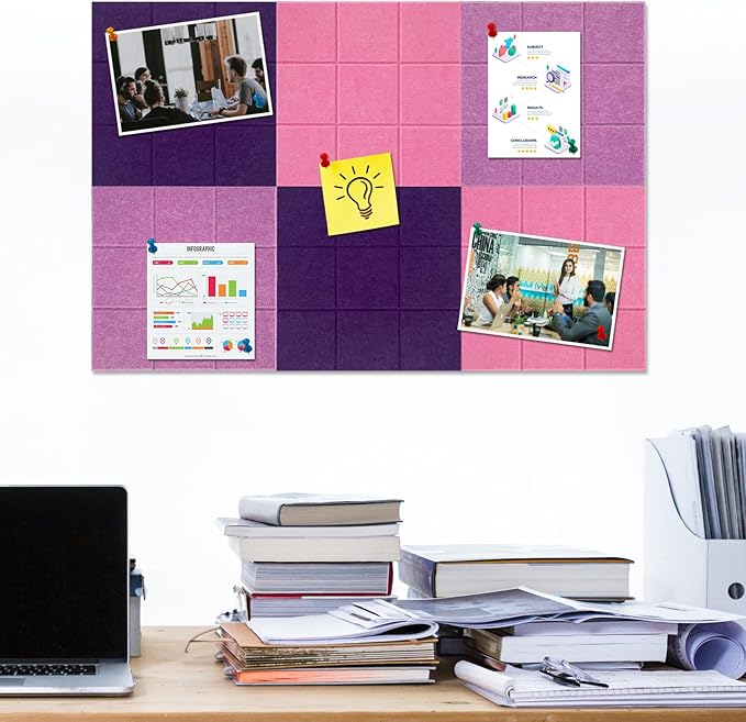 Large Square Felt Cork Board Tiles, Self Adhesive DIY Felt Bulletin Board with 35 Pushpins for Office School Home Wall Decor Stickers Memos Photos Display (Purple & Pink)