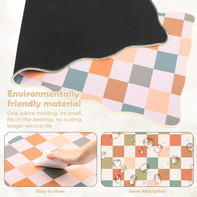 1 Pcs Boho Scalloped Checkered Desk Mat 31.5 x 11.8 Inch Large Cute Mouse Pad Computer Mat Non Slip Waterproof Rubber Base with Border Stitching Soft Keyboard Pad for Home Office Gaming Makeup