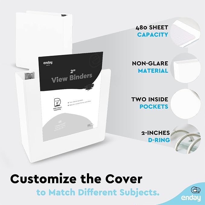 Enday 2 Inch 3 Ring Binder, White Heavy Duty Three Ring Binder, 480 Sheets Capacity - 2 Inch Binder for Home School and Office.