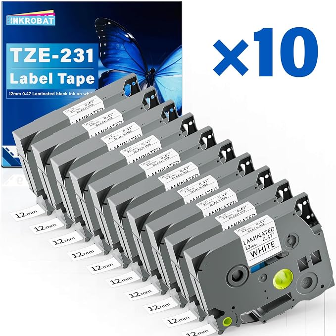 TZE-231 Label Maker Tape 12mm 0.47 Laminated Black on White Replacement for TZ TZE TZE231 1/2" x 8m Tape Cassette for Ptouch PT-D220 PTD220 D220 PT-D210 PTD210 PT-H110 PT-D200 PT-D400 D410 (10 Packs)