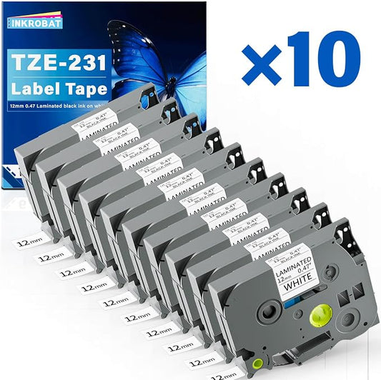 TZE-231 Label Maker Tape 12mm 0.47 Laminated Black on White Replacement for TZ TZE TZE231 1/2" x 8m Tape Cassette for Ptouch PT-D220 PTD220 D220 PT-D210 PTD210 PT-H110 PT-D200 PT-D400 D410 (10 Packs)