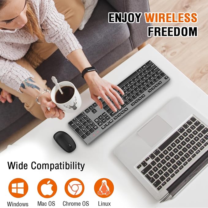 Wireless Keyboard and Mouse Combo, EDJO Silent Full Size Cordless USB Keyboard Mouse, 2.4GHz Lag-Free, Long Battery Life, for Computer, Laptop, PC, Chromebook, Windows (Grey, 1 Pack)