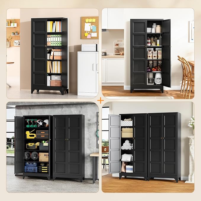 Metal Pantry Cabinet,- 72" Black Kitchen Pantry Storage Cabinet with Doos and Adjustable Shelves for Kitchen, Living Room,Dining Room,Home