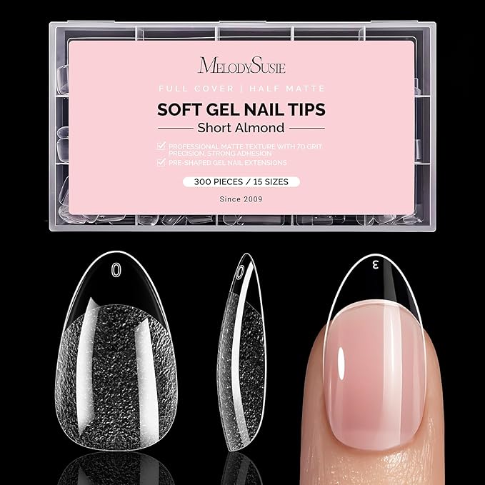 MelodySusie Short Almond X Nail Tips - 300Pcs 15 Sizes Clear Acrylic,Half Matte Full Cover Press on Nails for DIY Extension & Salon Use,Pre-Shaped for Long-Lasting Manicure