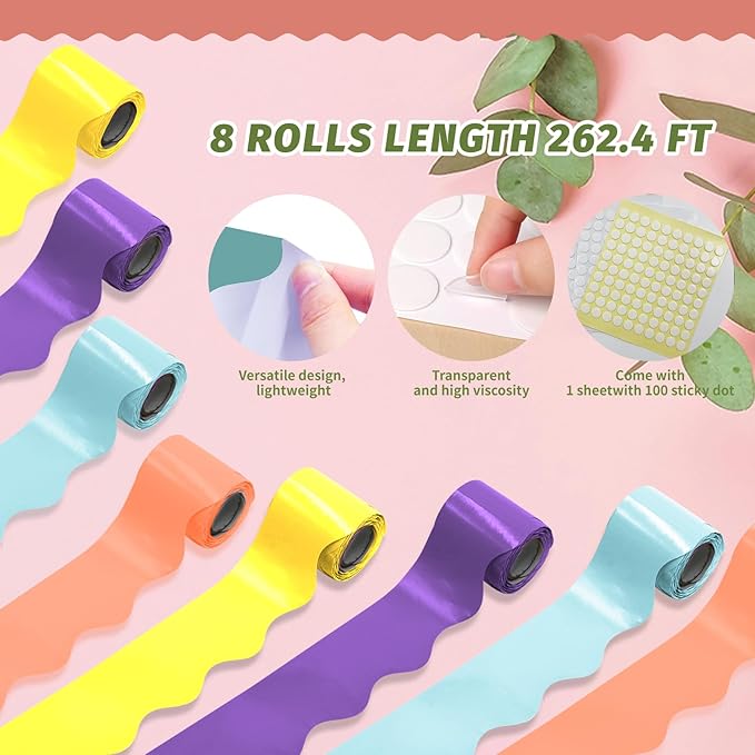 8 Rolls 262.4 Ft Bright Bulletin Board Borders Set - Decorations for Office, School Classroom Decor, Teachers & Home DIY - Posters & Birthday Parties - Board Trim （Vivacity Color）