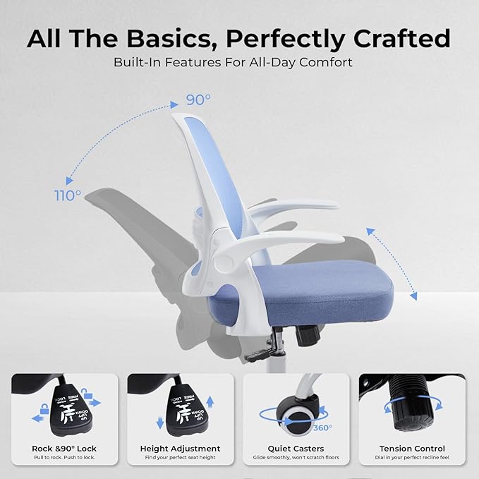 amseatec Mesh Office Chair, Ergonomic Home Office Chair with Flip-Up Arms | Breathable Mesh Back & 3" cushion. BIFMA Certified. 90-110° Rocking. Supports 300 lbs.
