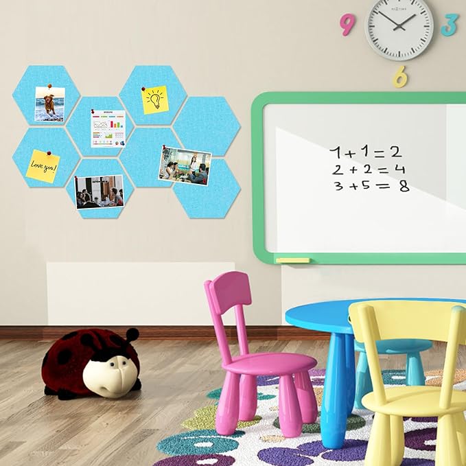 Large Hexagon Felt Cork Board Tiles, Self Adhesive DIY Felt Bulletin Board Pin Board with 35 Pushpins for Office School Home Wall Decor Stickers Memos Photos Display(Sky Blue)