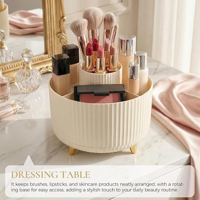 Pencil Pen Holder for Desk, 5 Slots 360 - Degree Rotating Desktop Organizer, Cute Desk Organizers and Accessories for School, Home, Office and Art Supply, Beige