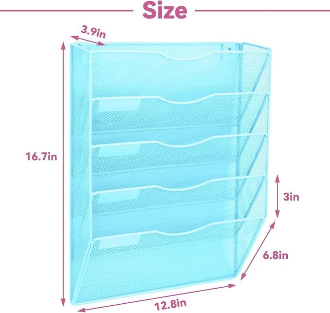 5 Pockets Mesh Wall File Holder Organizer Office Hanging File Folder Magazine Rack, Nametag Label Hooks Set Included (Blue)
